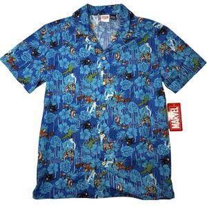Marvel Avengers Hawaiian Shirt Medium Button Up Camp Blue AOP Men's NWT